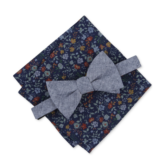 Bar III Men Kanupp Solid Bow Tie & Floral Pocket Square Set Navy Multi - Picture 1 of 1